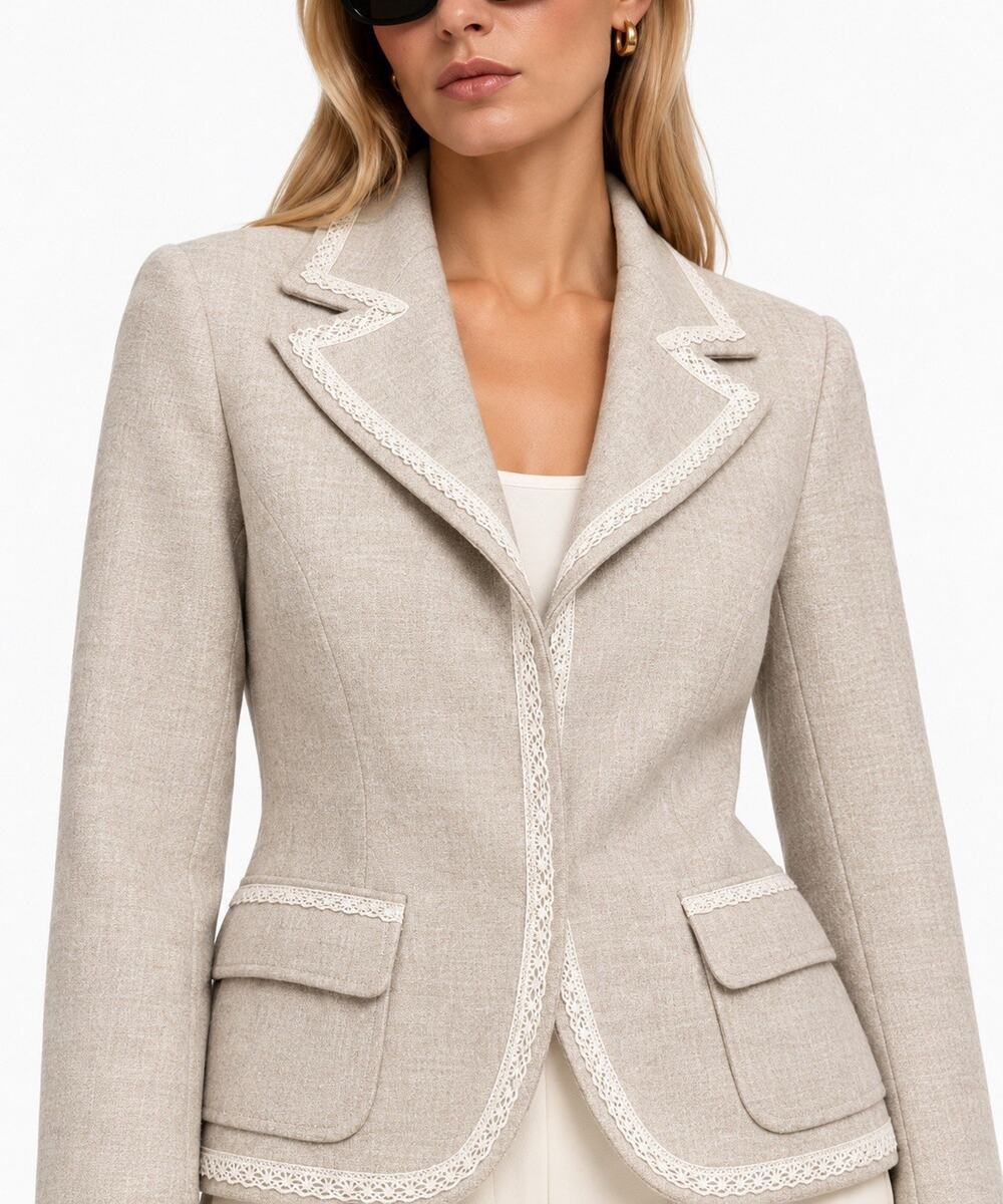 Weekend Max Mara 100% Wool Lace Trim Blazer Beige US 14 Unlined